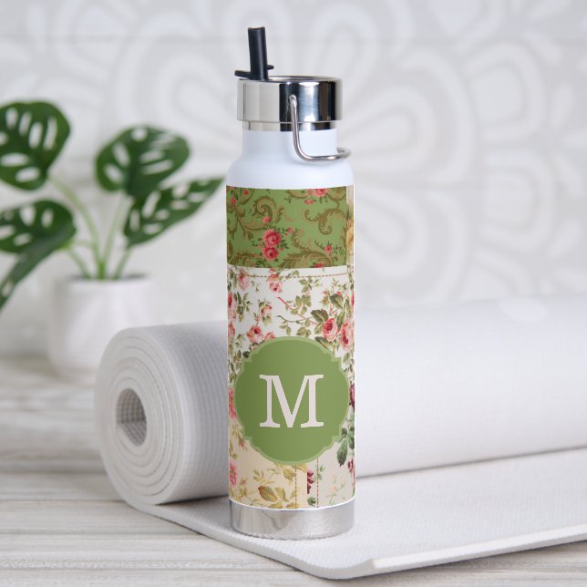 Botella De Agua Rosa de Parche Personalizado con Monograma (Yoga)