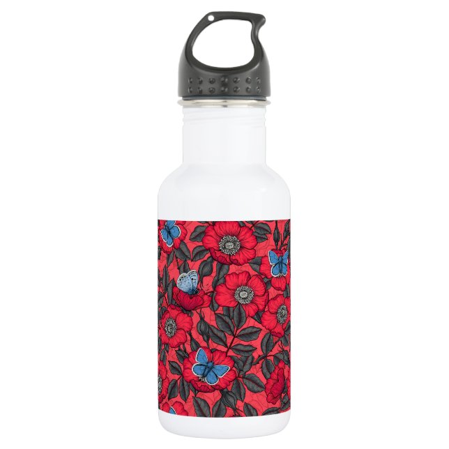 Botella De Agua Rosa de perro y mariposas en rojo y azul (Anverso)