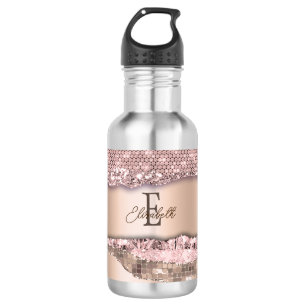 Botella De Agua Rosa Dourado Tendência Diamantes Brillo Monograma
