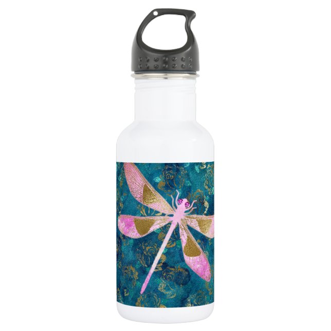Botella De Agua Rosa Dragonfly de oro sobre fondo floral turquesa (Anverso)