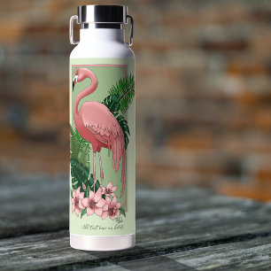 Botella De Agua Rosa Flamingo Green Leaves Lily