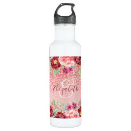 Botella De Agua Rosa floral borgoñés Purpurina de oro personalizad