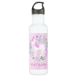 Botella De Agua Rosa floral de unicornio de bonito personalizado