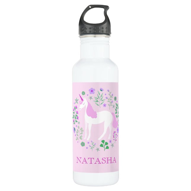 Botella De Agua Rosa floral de unicornio de bonito personalizado (Anverso)