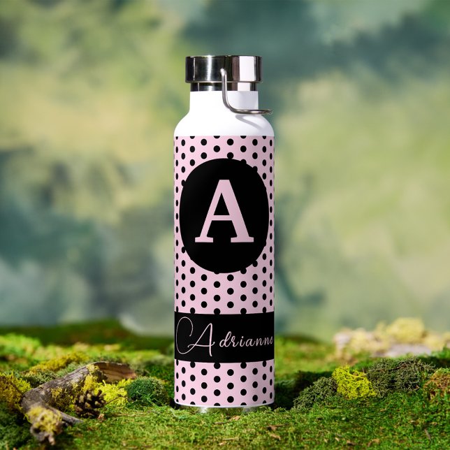 Botella De Agua Rosa lindo monogramado con puntos de polka negro (Subido por el creador)