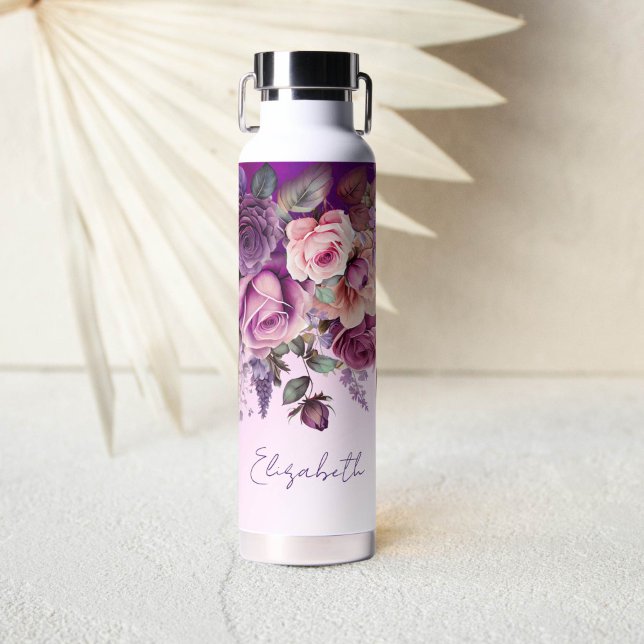 Botella De Agua Rosa morado rosa elegante personalizado (Purple pink ombre floral personalized water bottle bridesmaid gifts for girls bridal party favors)