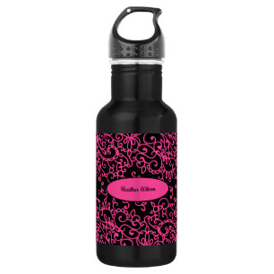 Botella de agua rosa negra con nombre