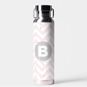 Botella De Agua Rosa Pastel Chevron y Monograma Gris de Puntos