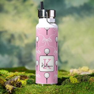 Botella De Agua Rosa Preppy Lazo Blanco Patrón de Golf Monograma