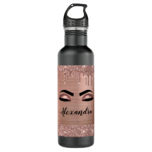 Botella De Agua Rosa Purpurina dorado Esparkle Eyelashes Monograma
