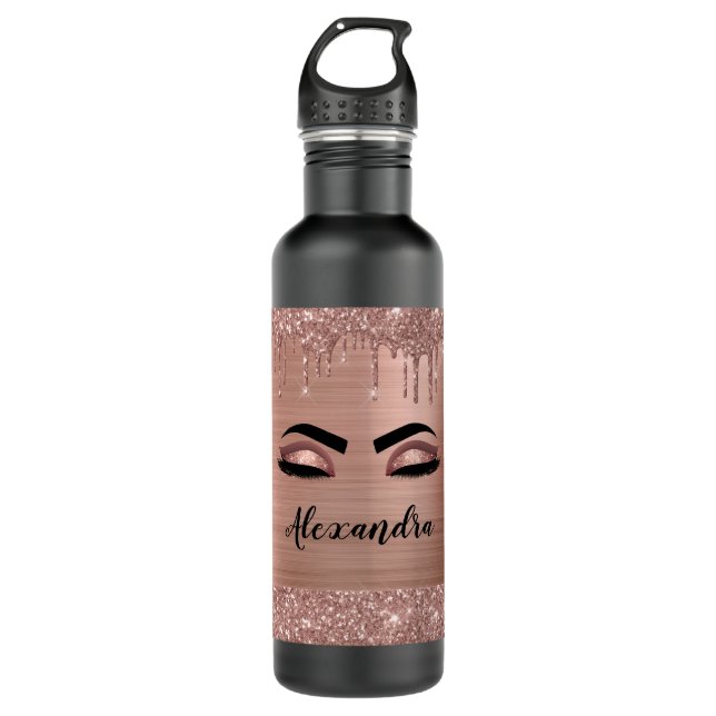 Botella De Agua Rosa Purpurina dorado Esparkle Eyelashes Monograma (Anverso)