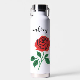 Botella De Agua Rosa Roja Nombre Personalizable 