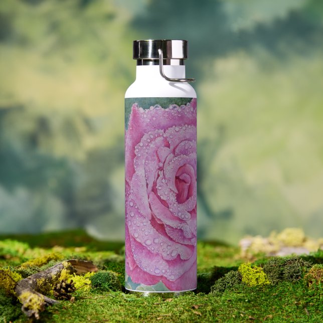Botella De Agua Rosa rosa con gotas de lluvia  (Exterior)