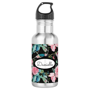 Botella De Agua Rosa Rosas florales Vintage Jardín Mujeres Pink Bl