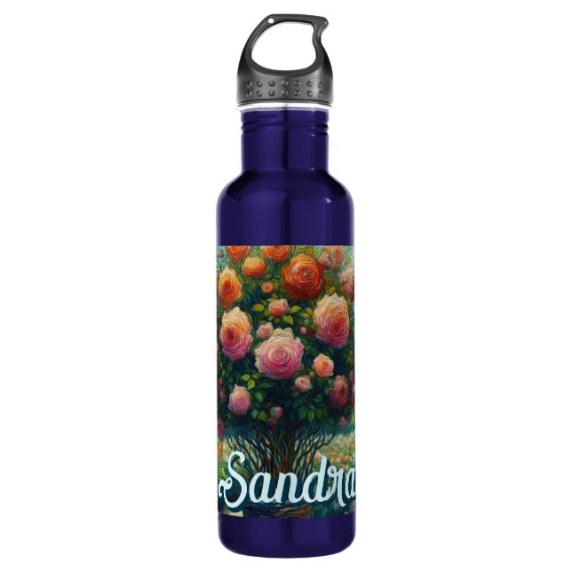 Botella De Agua Rosa Topiary Van Gogh Style Rosas Floral Pink (Anverso)