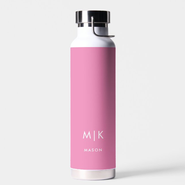 Botella De Agua Rosa y blanco | Monograma moderno (Izquierdo)