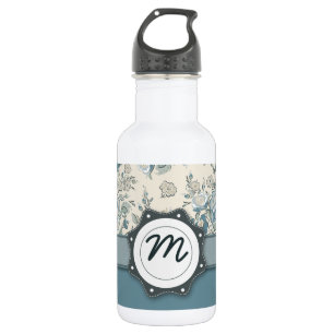 Botella De Agua Rosas azules y crema con monograma
