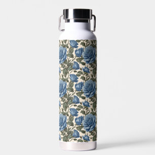 Botella De Agua Rosas Azules Y Hojas Verdes,
