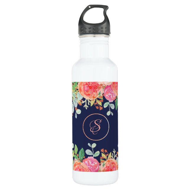 Botella De Agua Rosas de acuarela Purpurina de marina floral perso (Anverso)