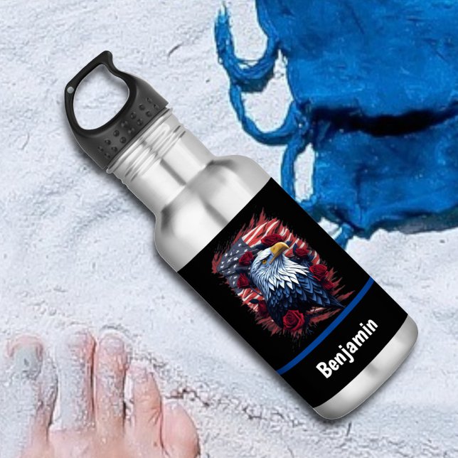 Botella De Agua Rosas del águila de la bandera estadounidense, azu (Subido por el creador)