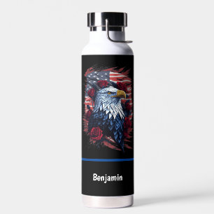 Botella De Agua Rosas del águila de la bandera estadounidense, azu