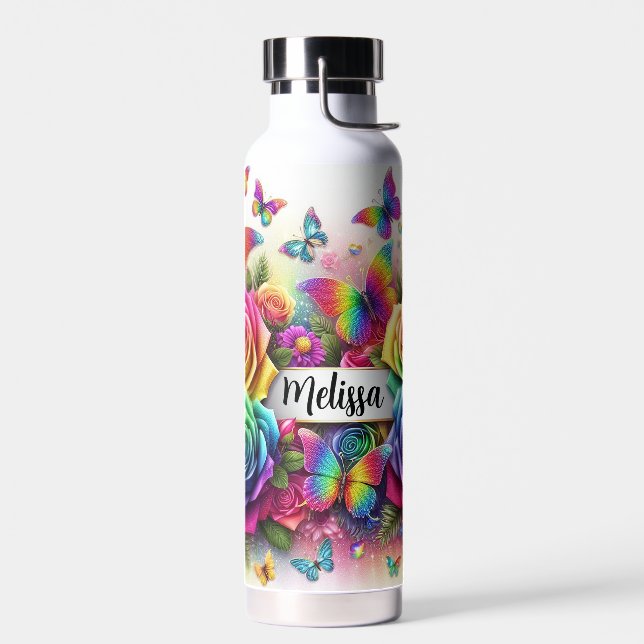 Botella De Agua Rosas del arcoiris y mariposas personalizadas (Izquierdo)
