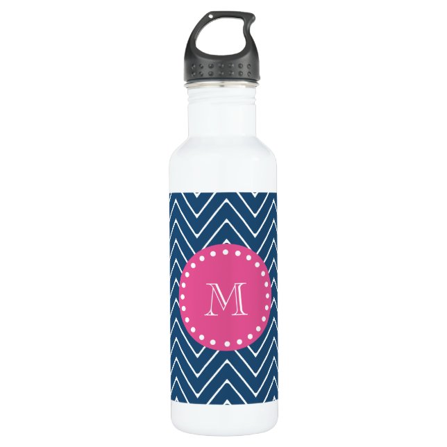 Botella De Agua Rosas fuertes, azules marinos Chevron el | su (Anverso)