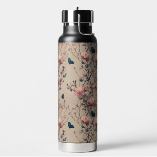 Botella De Agua Rosas primaverales vintage con mariposas azules