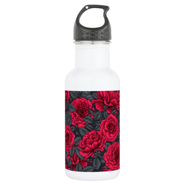 Botella De Agua Rosas rojas con hojas grises en negro (Anverso)