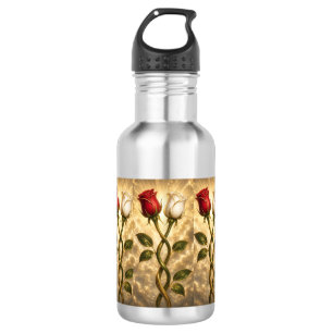 Botella De Agua Rosas rojas y blancas entrelazadas.