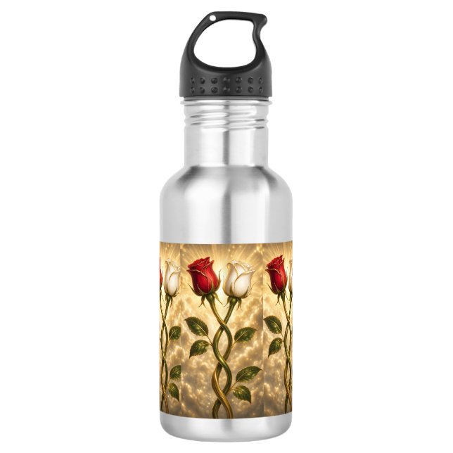 Botella De Agua Rosas rojas y blancas entrelazadas. (Anverso)