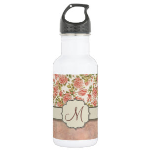 Botella De Agua Rosas rosas rosadas y mármol con monograma