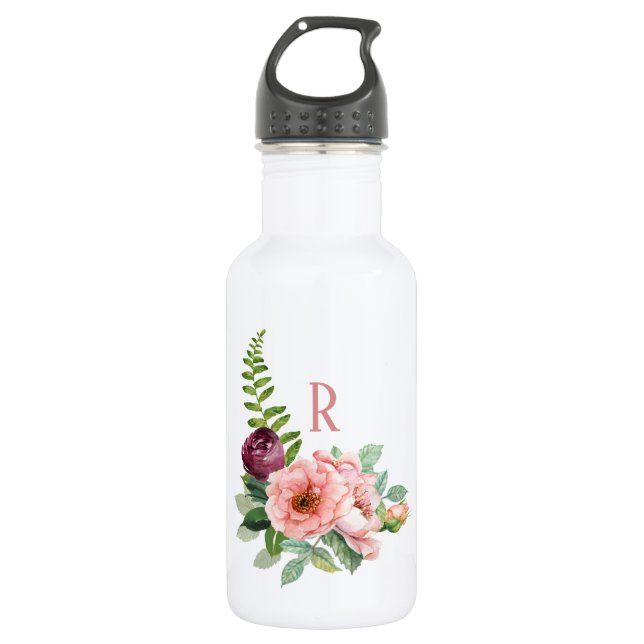 Botella De Agua Rosas Rústicos y Fern con Monograma (Anverso)