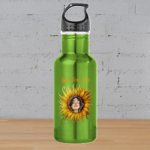 Botella De Agua Rostro de niña linda cabello castaño en girasol am