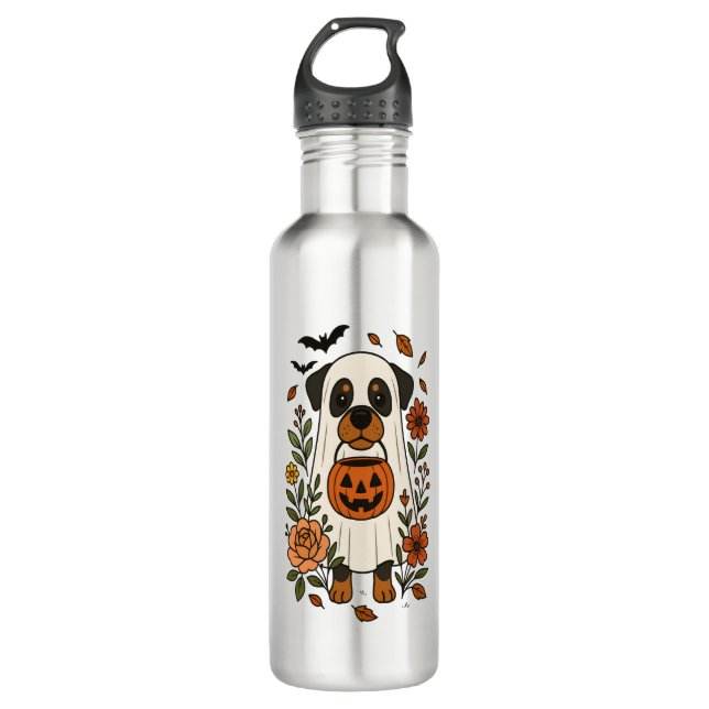 Botella De Agua Rottweiler de Halloween con flores (Anverso)