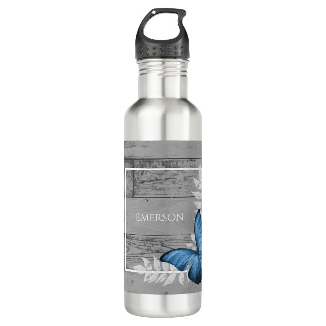 Botella De Agua Rústica de mariposa azul personalizada (Anverso)