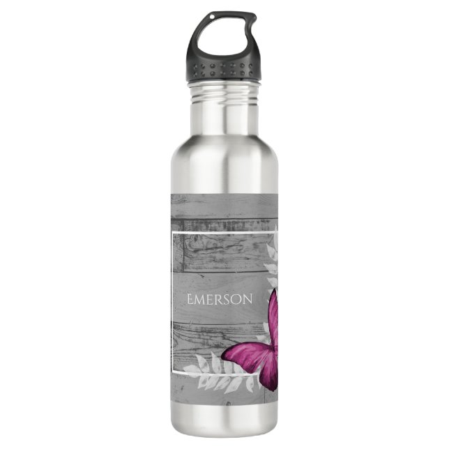 Botella De Agua Rústica de mariposa rosa personalizada (Anverso)