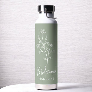 Botella De Agua Sage Green Bridesmaid Nombre Floral Bachelorette