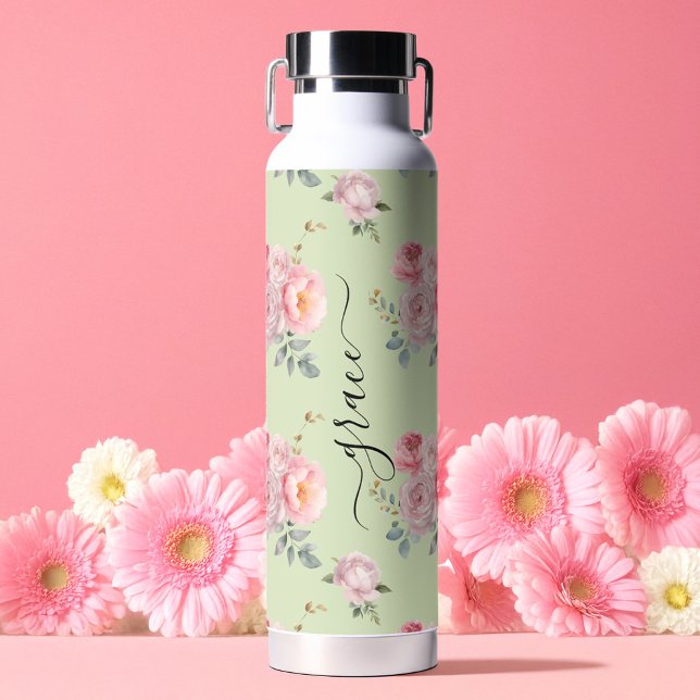 Botella De Agua Sage Green Rubor Pink Cute Girly Boho Floral (Sage Green Blush Pink Cute Girly Boho Floral Water Bottle)