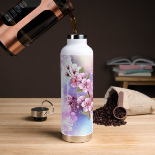 Botella De Agua Sakura rosa sobre fondo de pintura