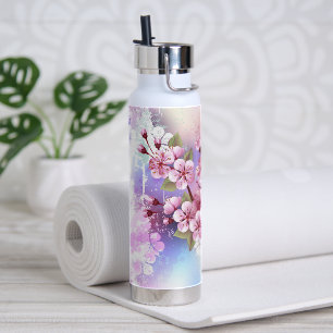 Botella De Agua Sakura rosa sobre fondo de pintura