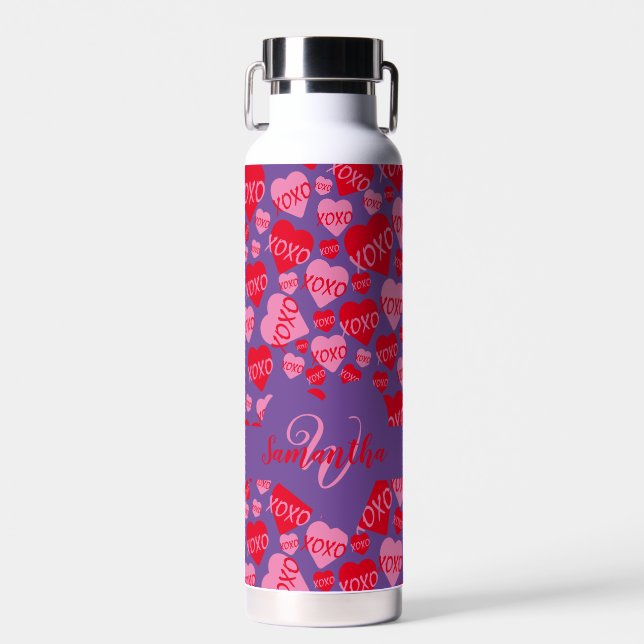 Botella De Agua San Valentín Monograma Corazón Rojo Rosa XOXO Púrp (Delantero)