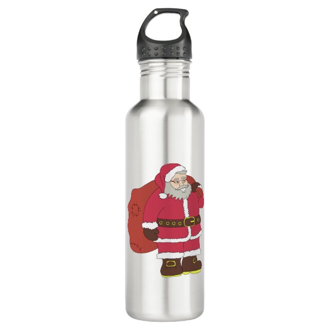 Botella De Agua Santa Claus de rojo con bolsa de regalo y anteojos (Anverso)