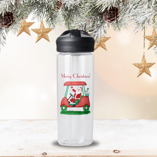 Botella De Agua Santa En Carrito De Golf Feliz Navidad  (Stay refreshed in holiday style with Santa on the links water bottle!)