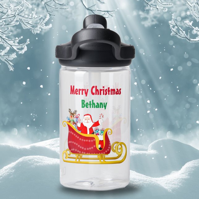 Botella De Agua Santa y Rudolph en Navidades Sleigh Personalizan (Children will adore this water bottle featuring Santa and Rudolph delivering gifts and candy cane ! )