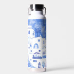 Botella De Agua Santorini Oia Watercolor<br><div class="desc">Pintura acuática del pueblo pesquero de Oia,  en la hermosa isla griega de Santorini en azul y blanco. Arte original de Nic Squirrell.</div>