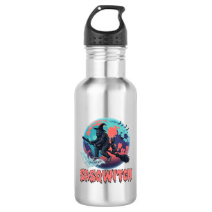 Botella De Agua Sasqwitch Bigfoot Bruja Escoba Gato Negro Luna Hal