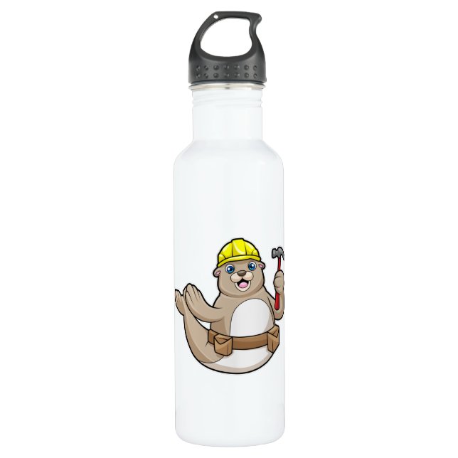 Botella De Agua Sello como carpintero con martillo y Gorra (Anverso)
