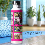 Botella De Agua Sencillo collage de fotos monogramado agudo rosa<br><div class="desc">Añade 20 fotos familiares, niños, mascotas o mejores amigos y crea tu propia cuadrícula de collage rosa caliente y botella de agua blanca con tu nombre de monograma personal o familiar inicial dentro de un corazón rosado. Fácil de personalizar con las imágenes cuadradas y la letra de su personalizado. Puede...</div>