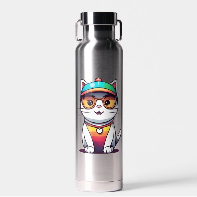 Botella De Agua Sentado Gato con Gafas y Clipart Gorra (Delantero)